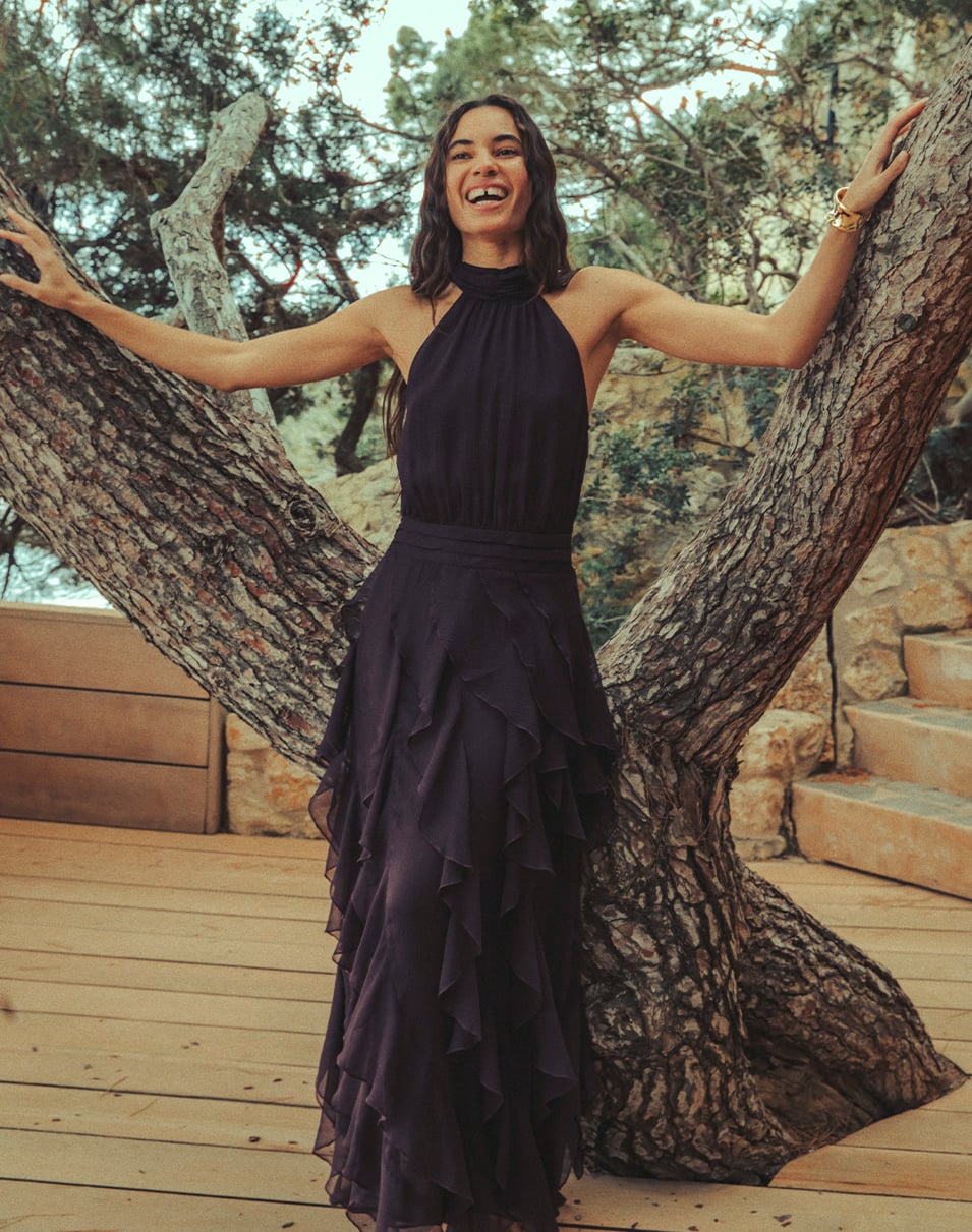 Robe longue cassis vaporeuse à volants Femme