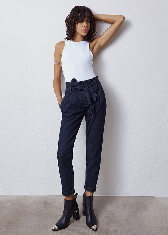 jean paper bag navy avec ceinture ruban navy taille haute ikks femme