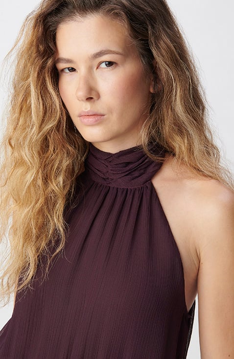 Robe longue cassis vaporeuse à volants Femme