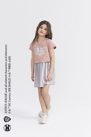 ikks kid girl trompe l'œil dress with built-in short sleeve T-shirt and wonder woman logo