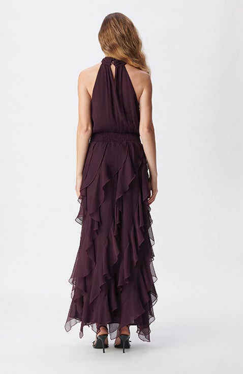 Robe longue cassis vaporeuse à volants Femme