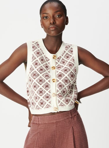 Cardigan sans manches écru tricot façon crochet Femme
