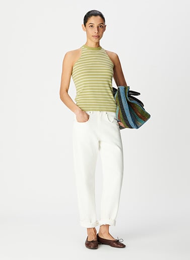 Pull sans manches vert motif rayures Femme