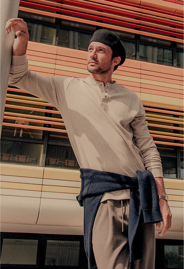 Beige T-shirt met lange mouwen en wafelpatroon