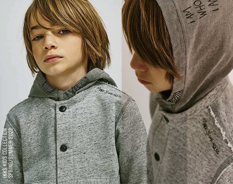 Grey mixed-fabric denim hooded jacket