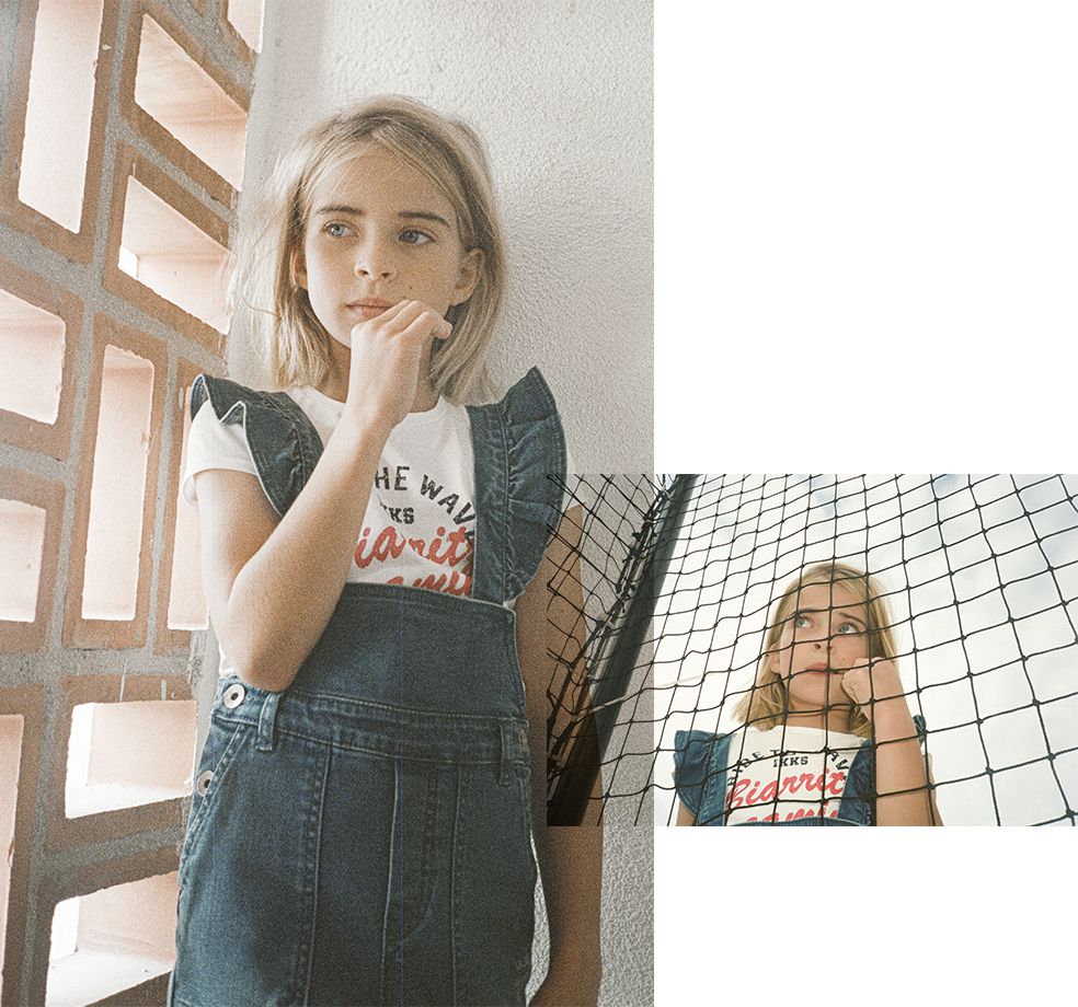 Dungarees-inspired denim jumpsuit with integrated T-shirt
