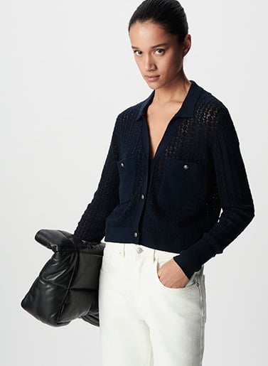 Cardigan court marine tricot fantaisie ajouré Femme