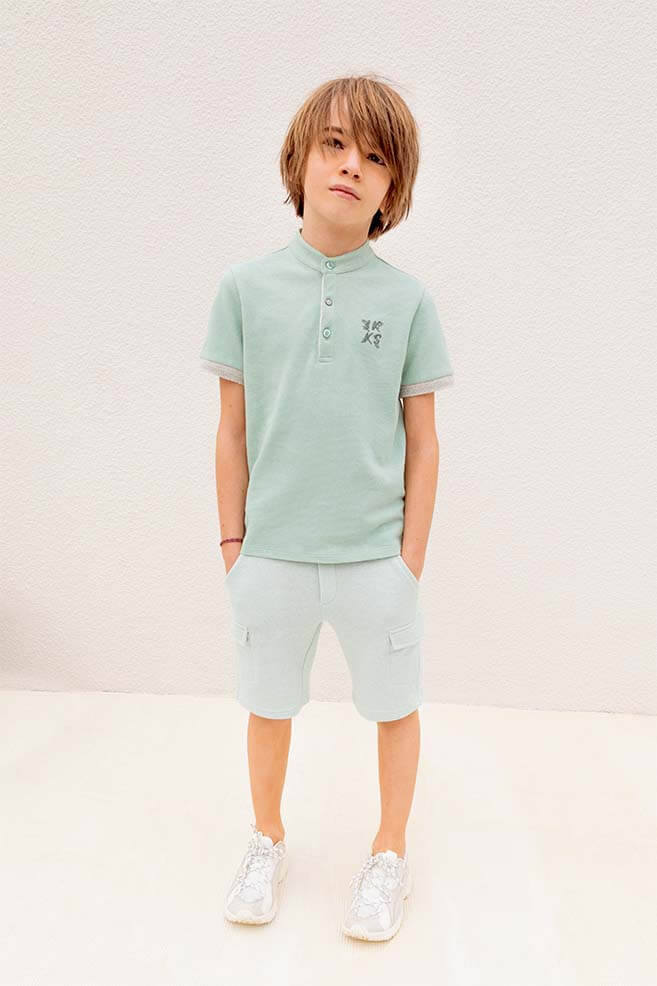 Kid boy aqua green short-sleeve polo shirt with funnel neck
