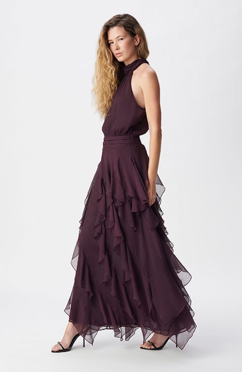 Robe longue cassis vaporeuse à volants Femme