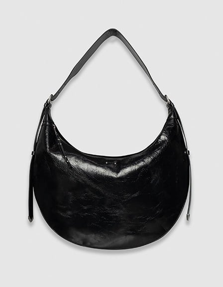 Bolso semiluna negro cuero brillante Allane