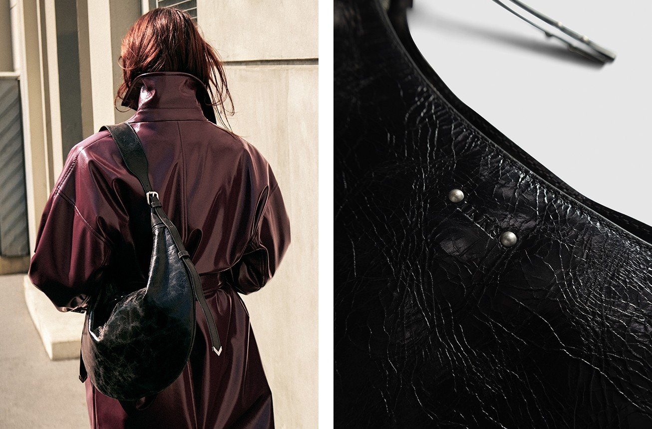 Bolso semiluna negro cuero brillante Allane