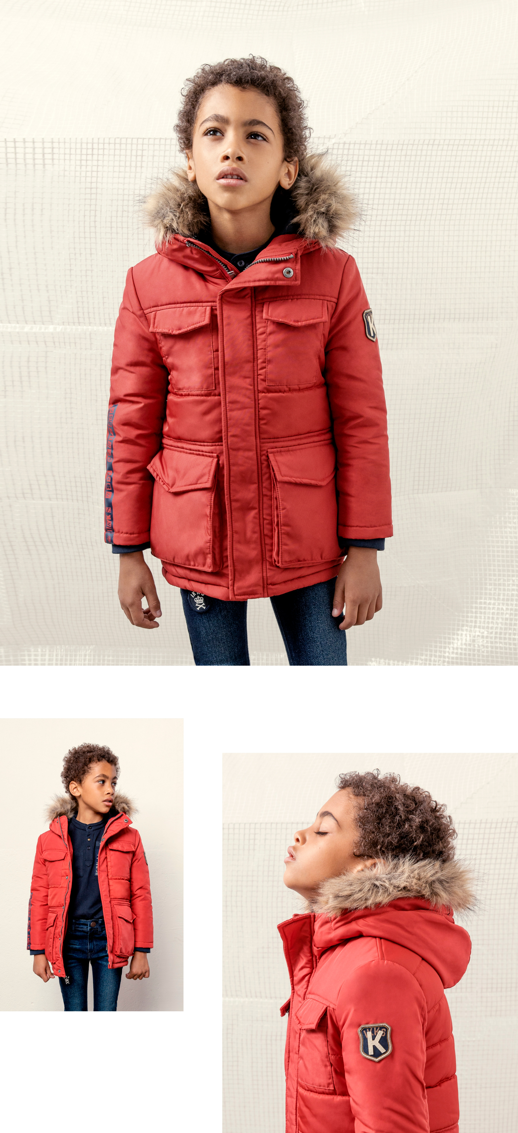 Boys’ medium red parka with fur-lined hood