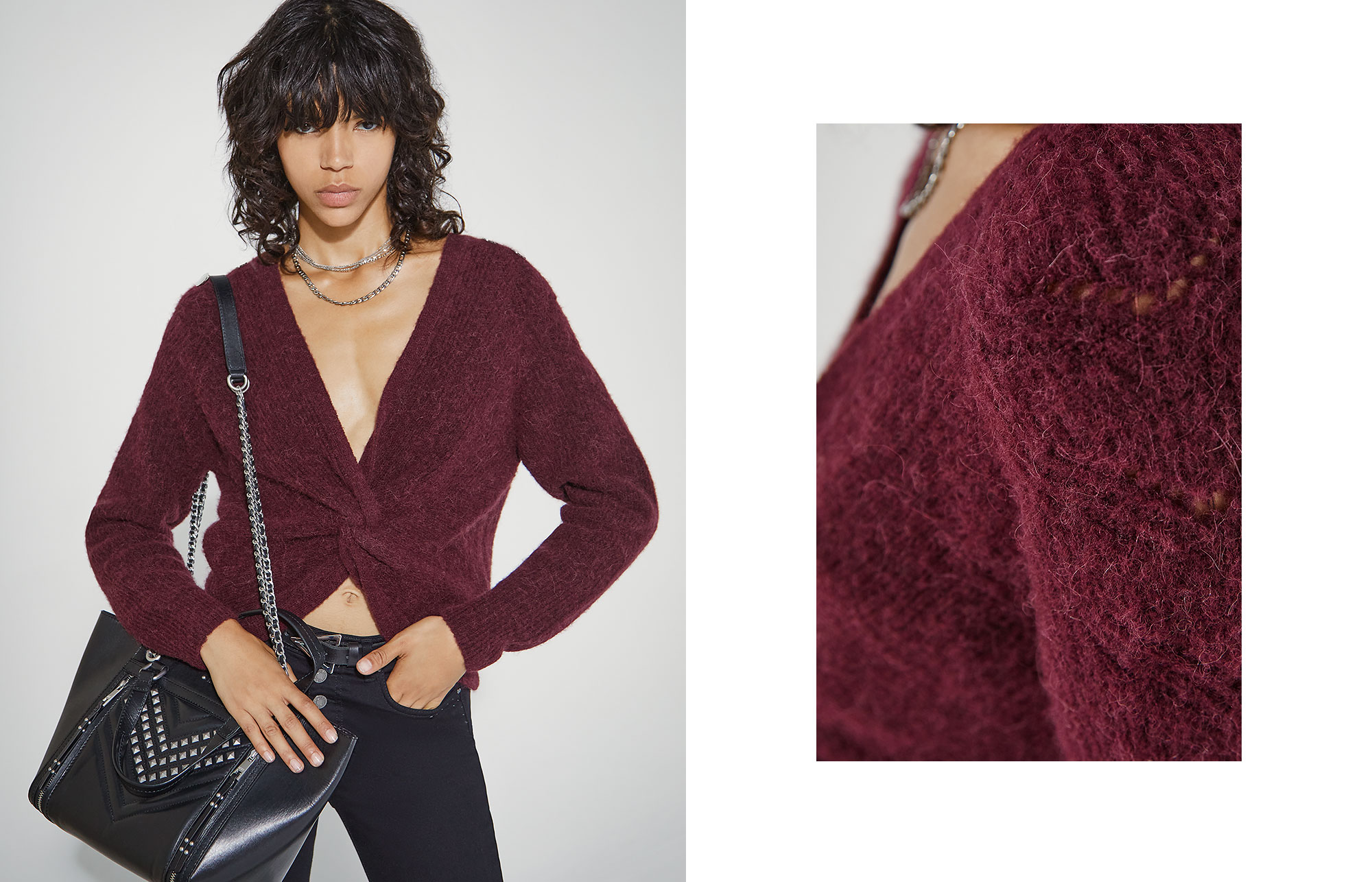 Women’s burgundy openwork knit sweater with open back