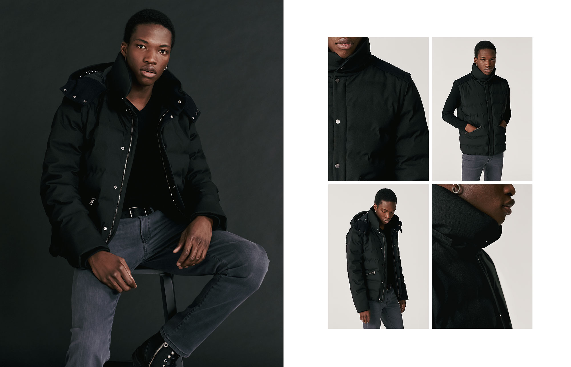 Men’s black mixed-fabric padded jacket, detachable sleeves