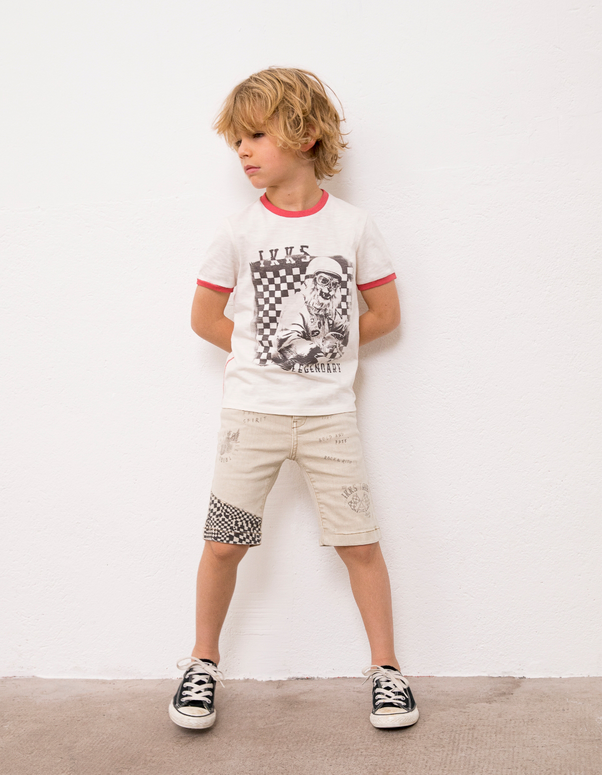 Bermudas vaquero beige damero niño