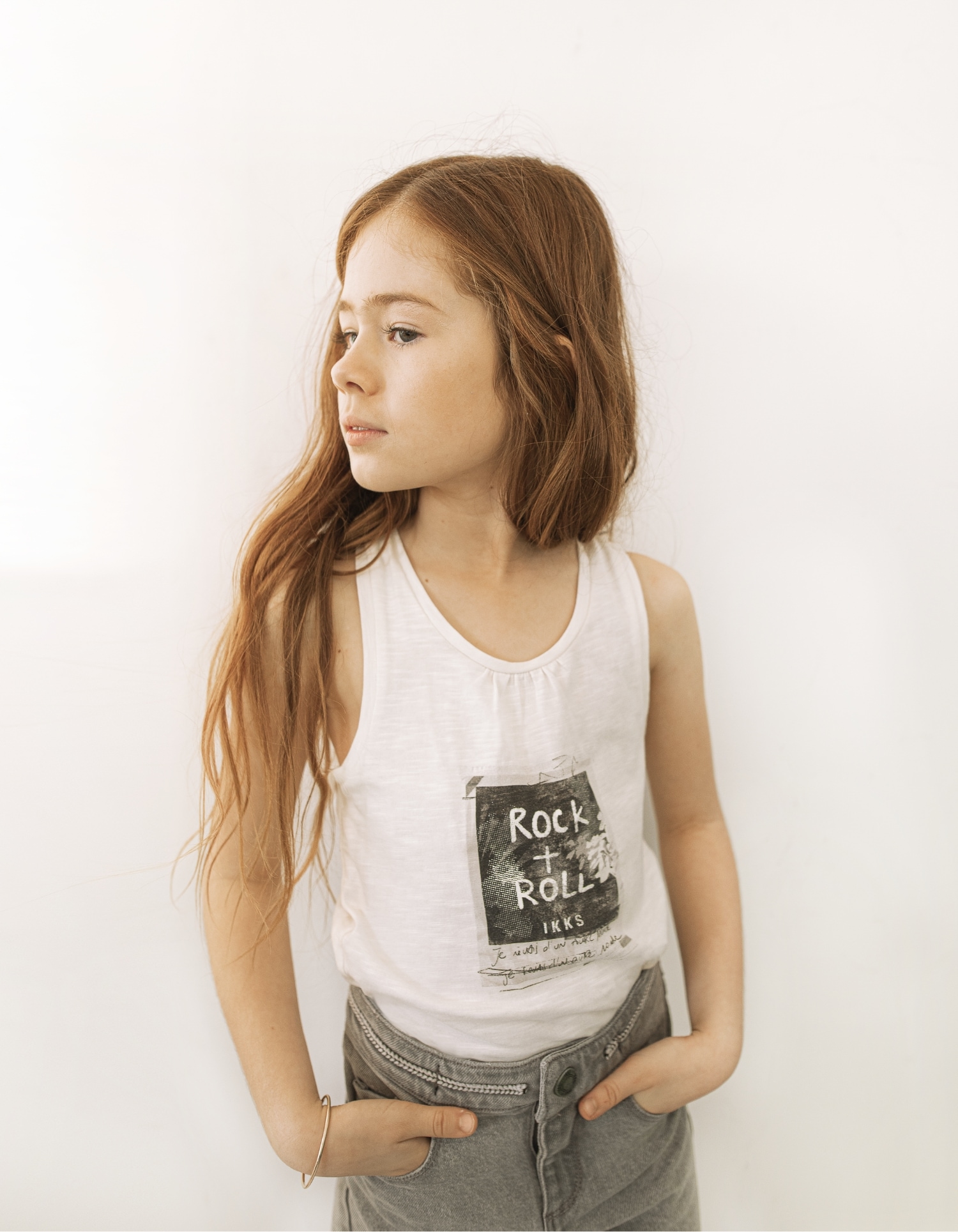 Girls’ ecru organic vest top with polaroid photo image