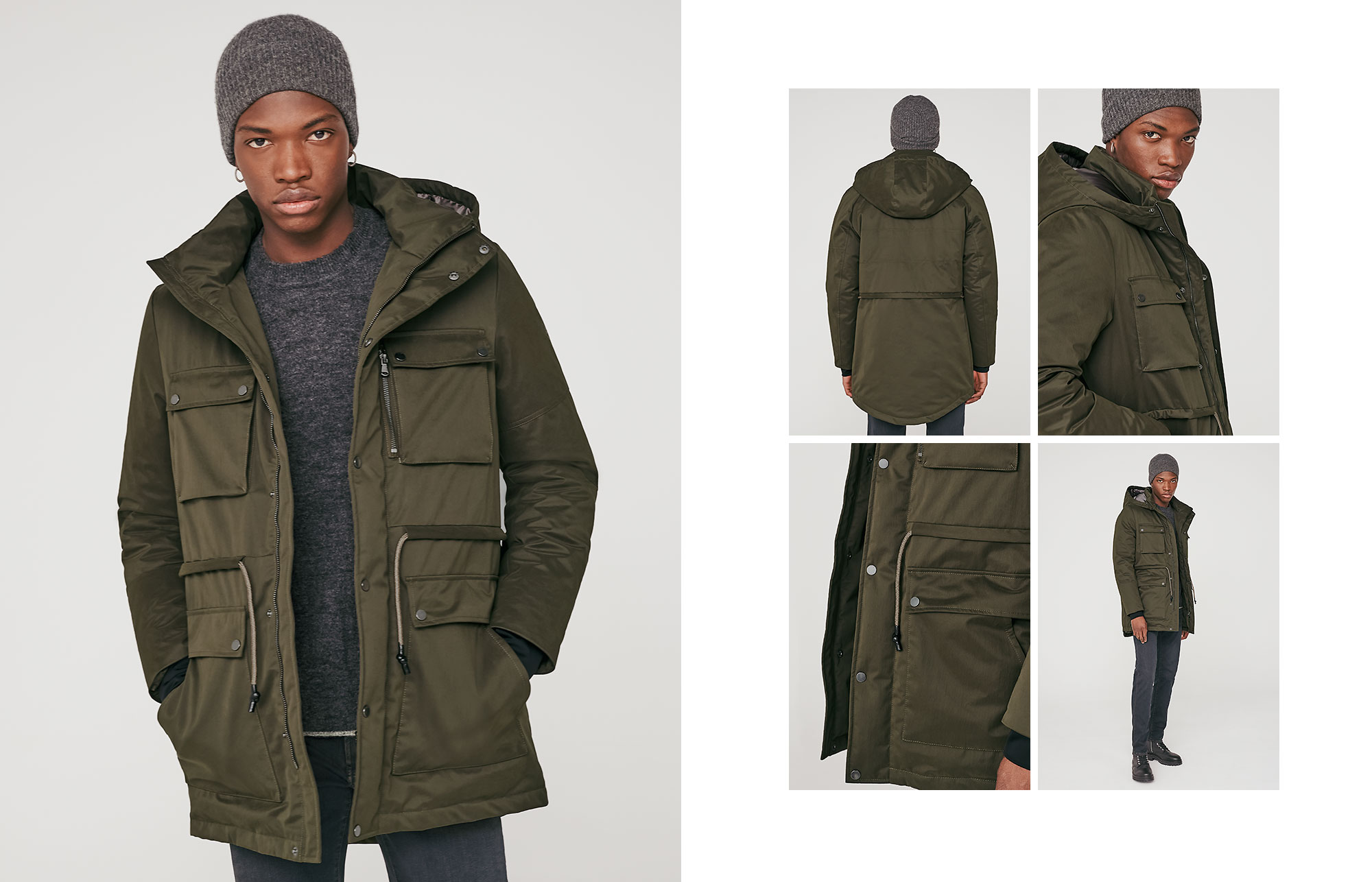 Men’s khaki parka with quilted satin lining