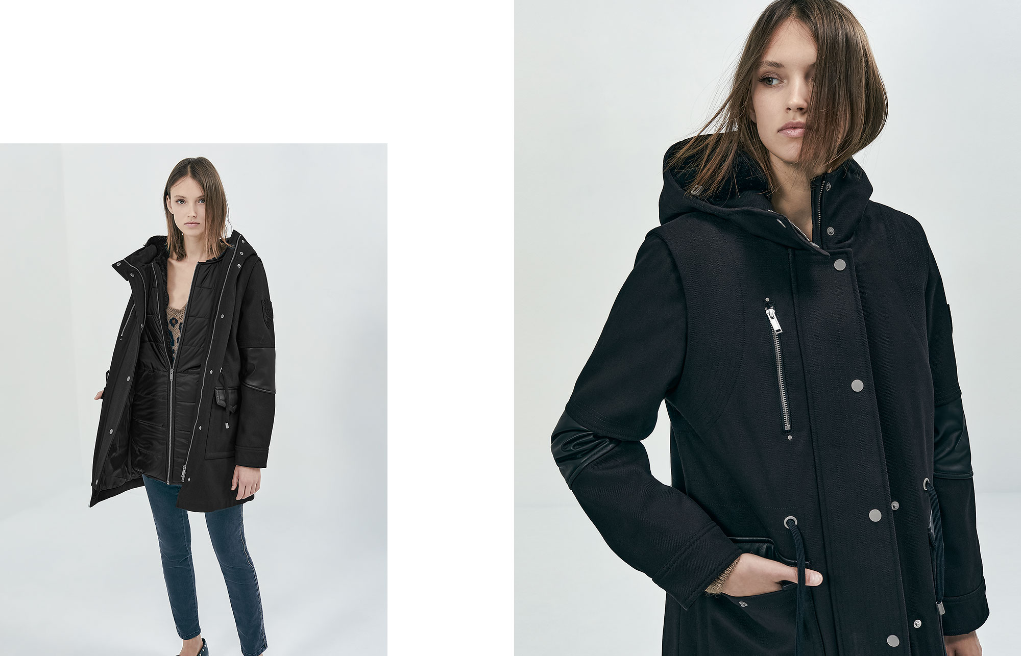 Women’s black topstitched twill hooded mid-length parka