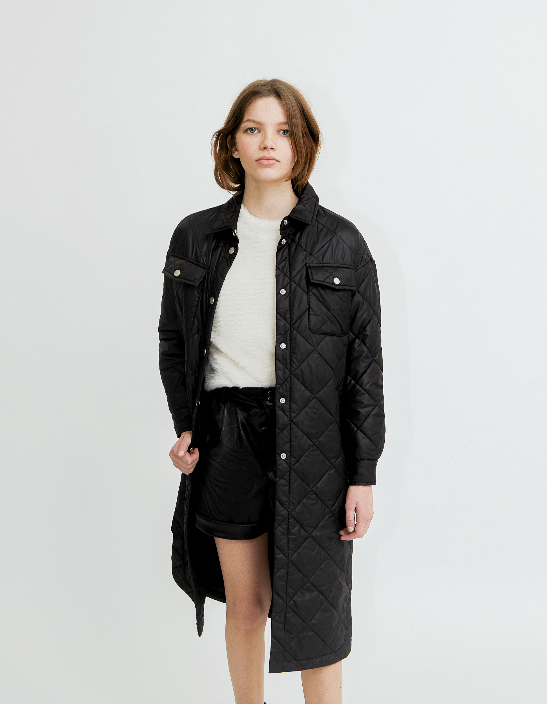 Girls’ black quilted long jacket