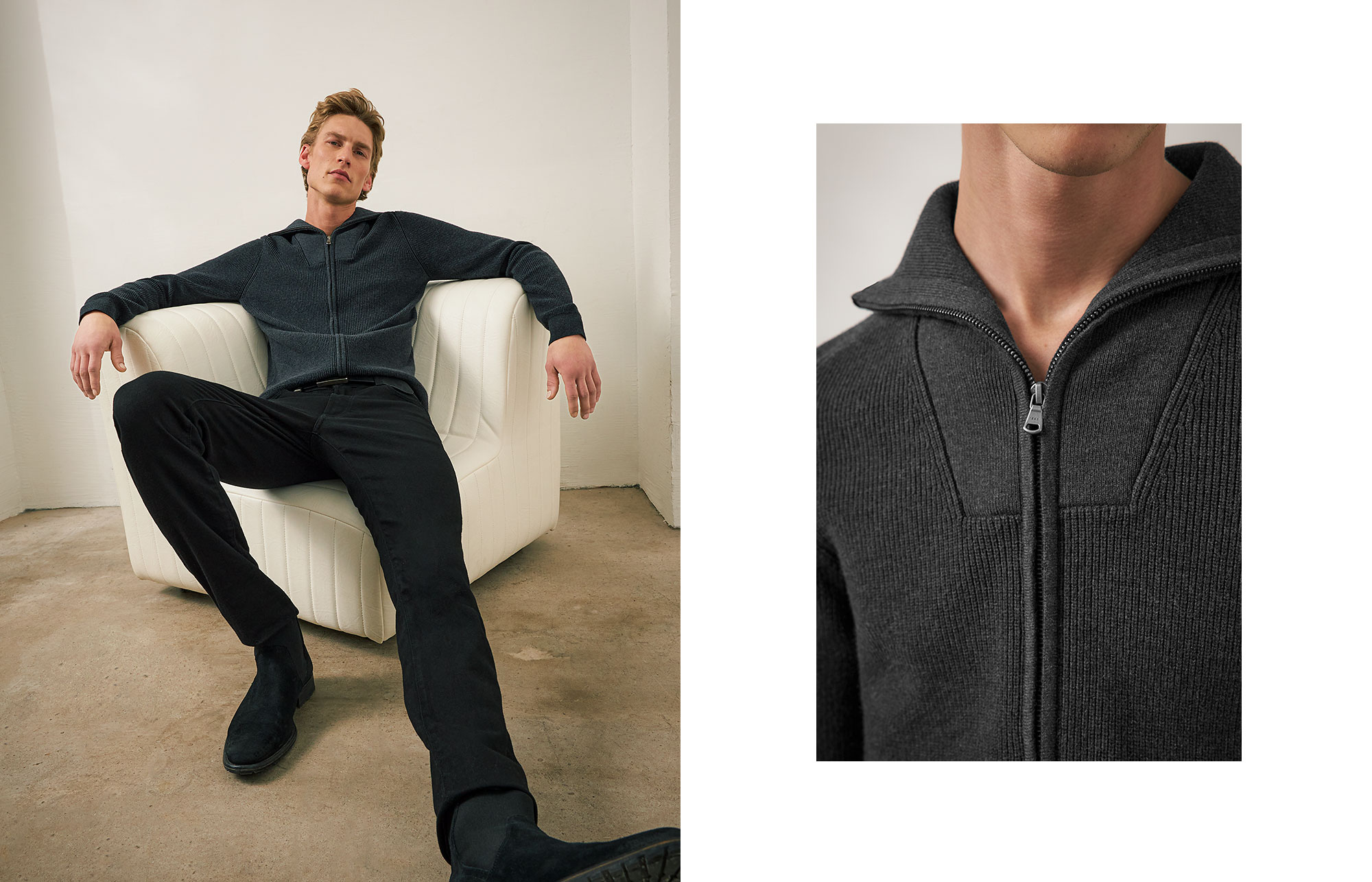 Men’s charcoal knit zip-collar cardigan