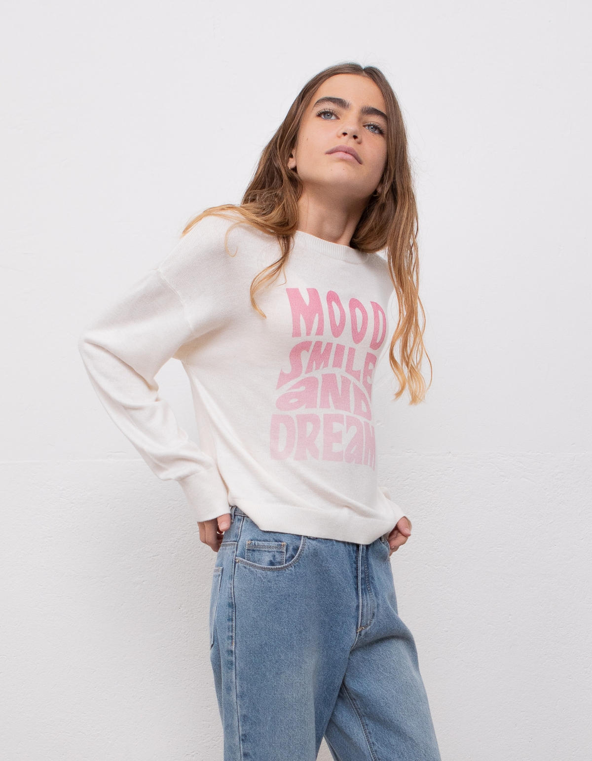 Girls’ ecru fine knit slogan sweater