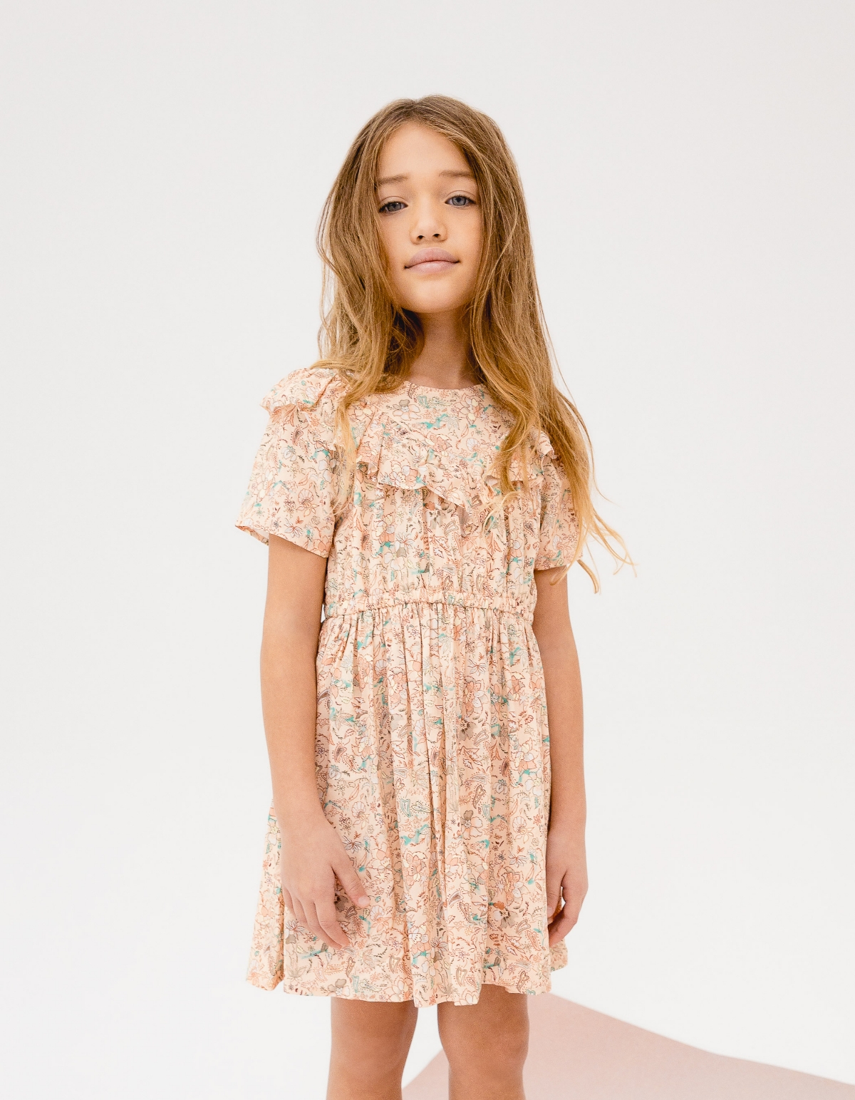 Girls’ peach floral print Lenzing™ Ecovero™ viscose dress