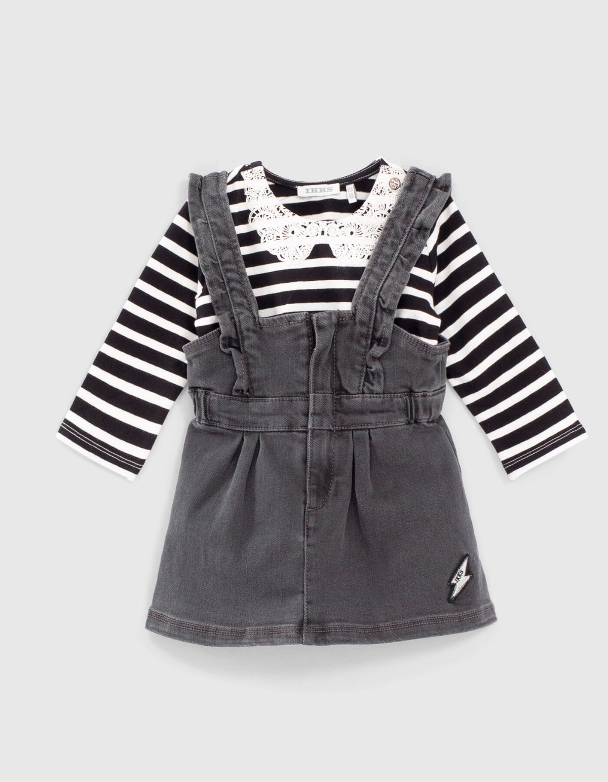 Baby girls’ striped T-shirt and grey denim dress outfit