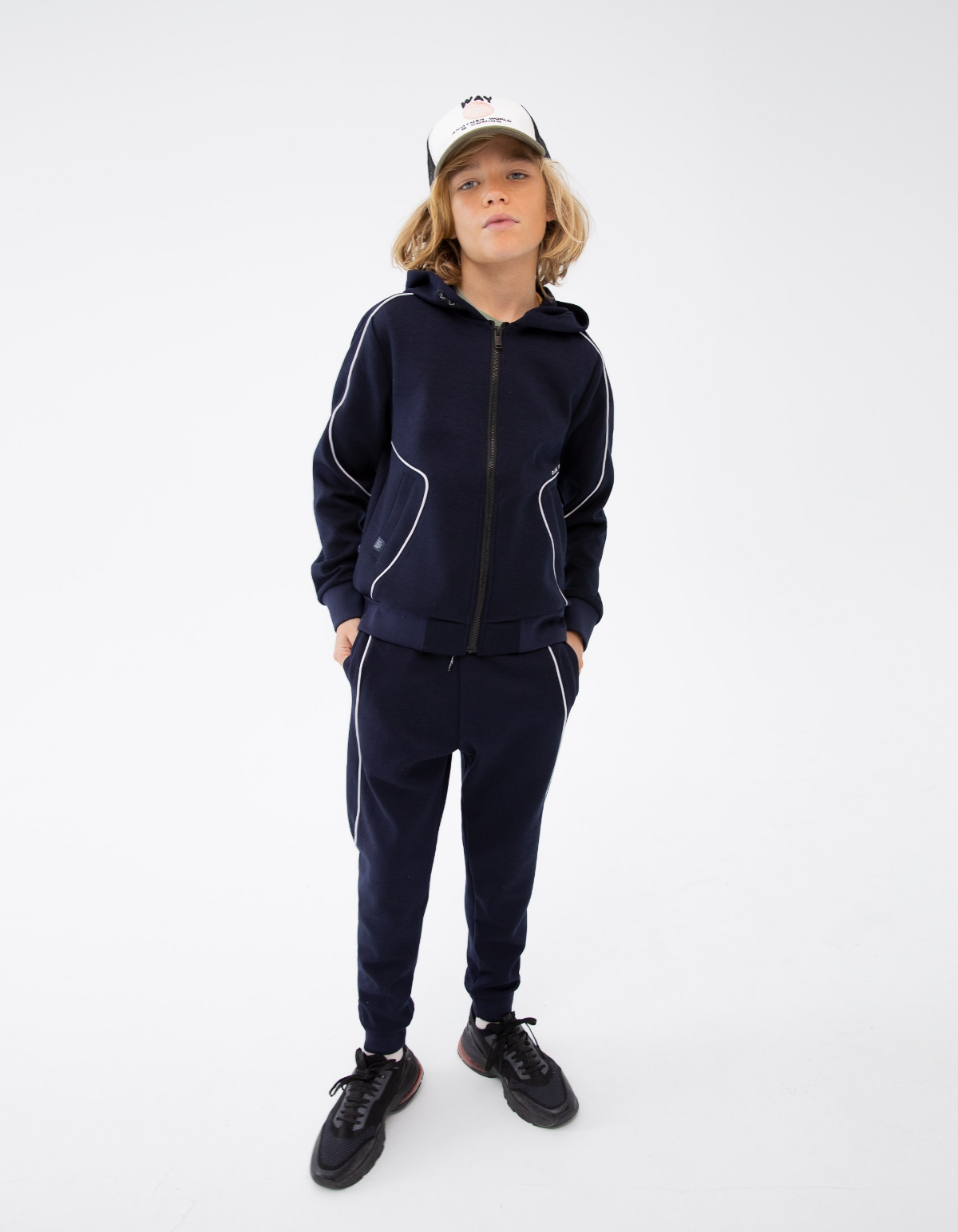 Boys’ navy joggers with white piping