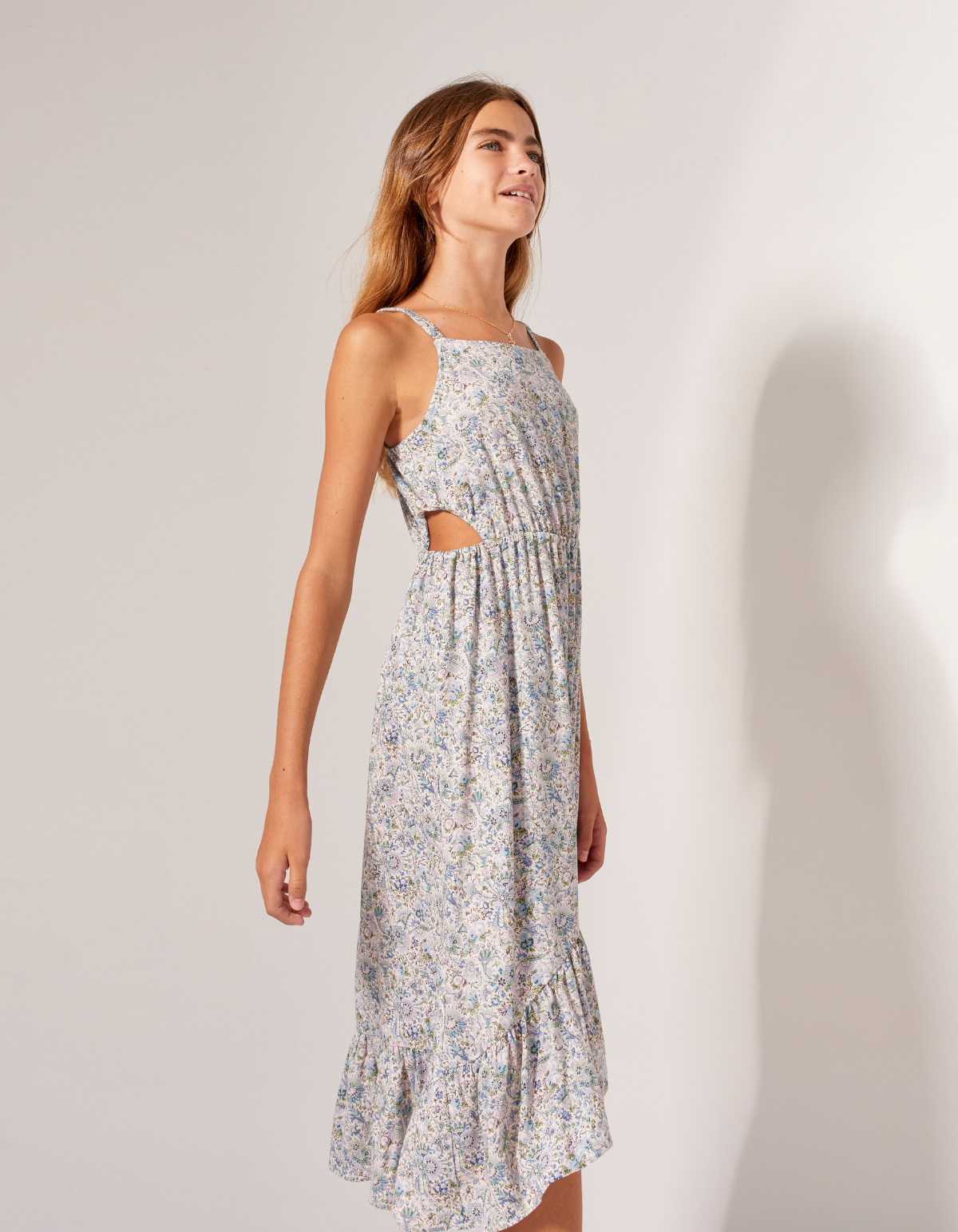 Girls' ecru flowery print LENZING™ ECOVERO™ long dress