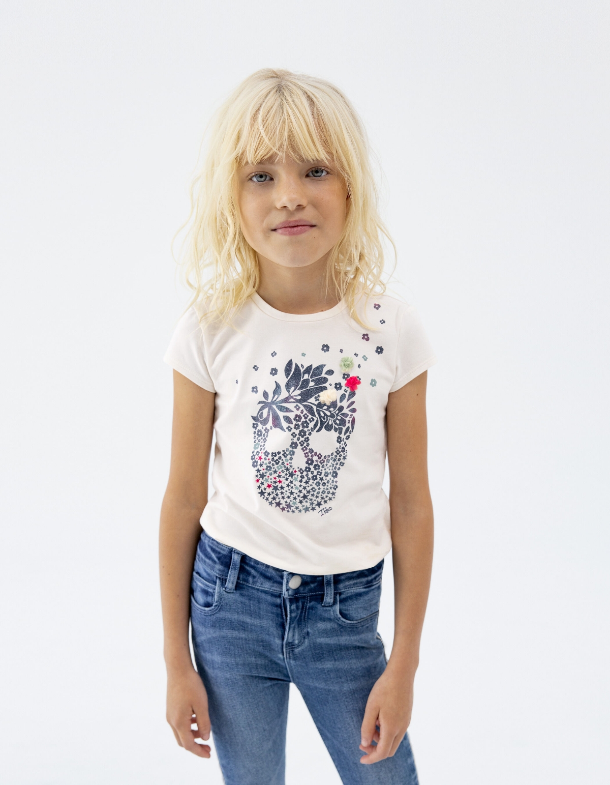 Ecru T-shirt doodshoofd glitterbloemen meisjes