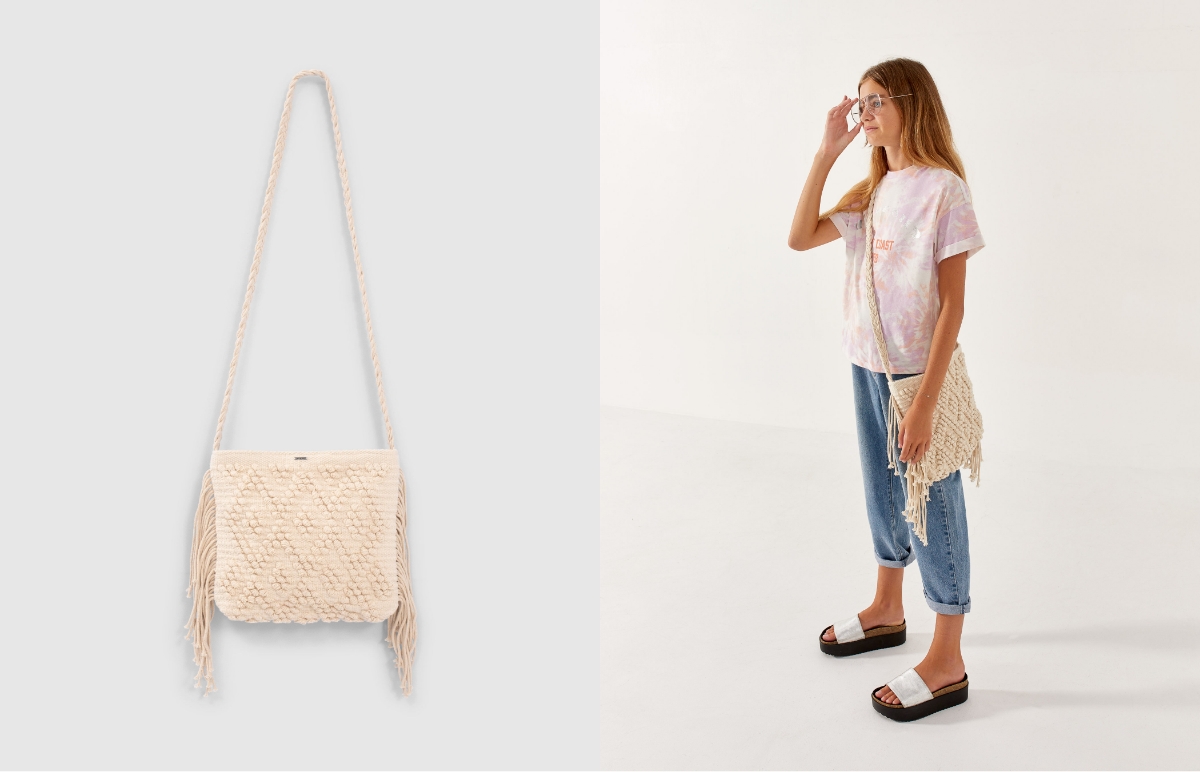 Sac écru en textile brodé et frangé fille