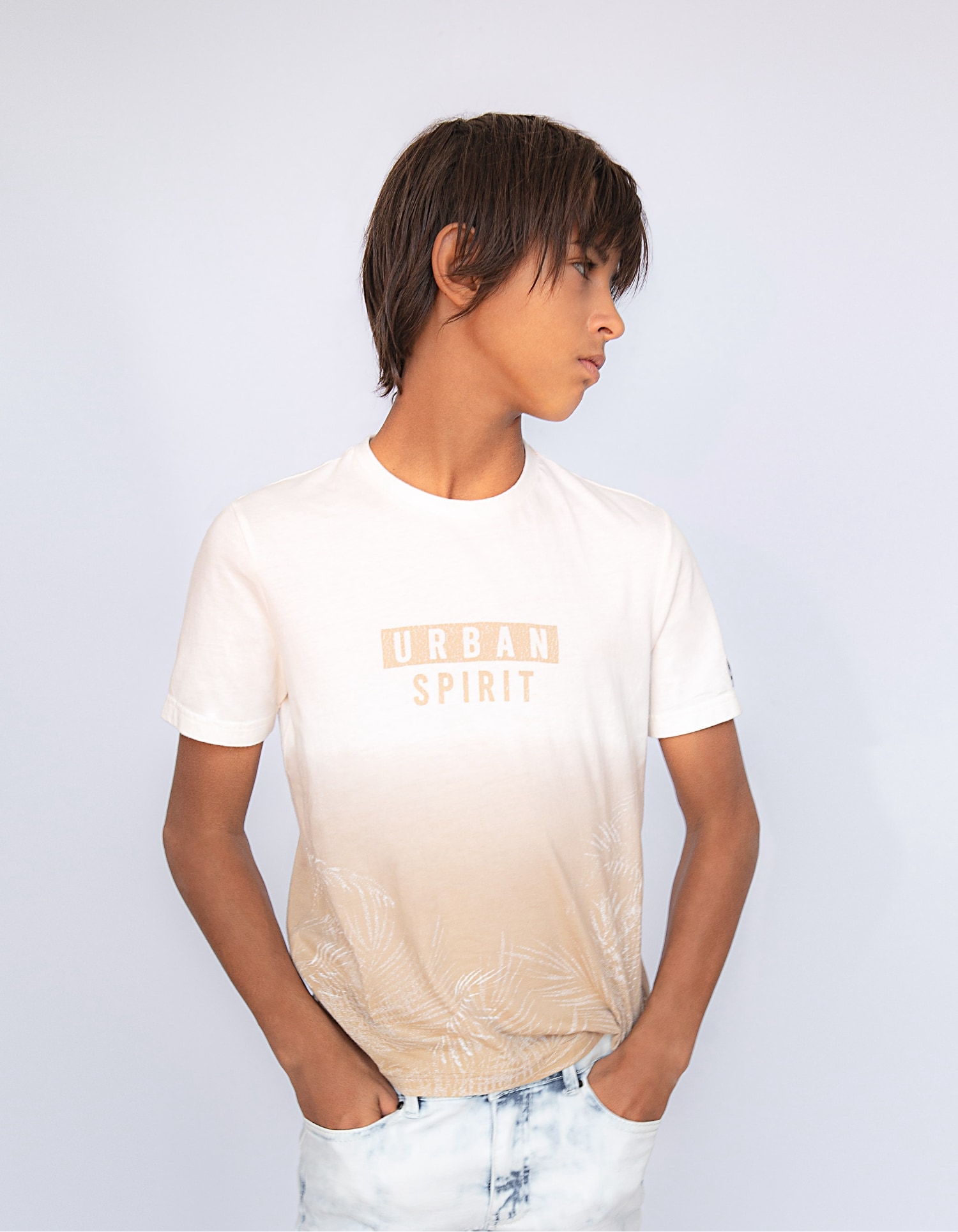 Boys’ beige jungle deep-dye look organic T-shirt