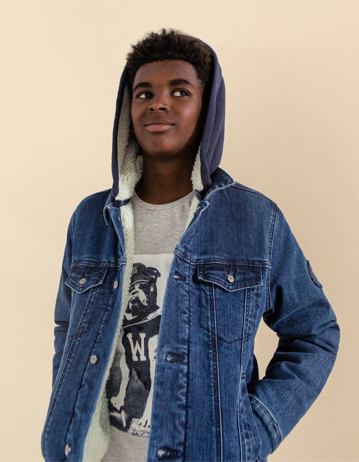 Boys’ vintage blue denim jacket with detachable hood