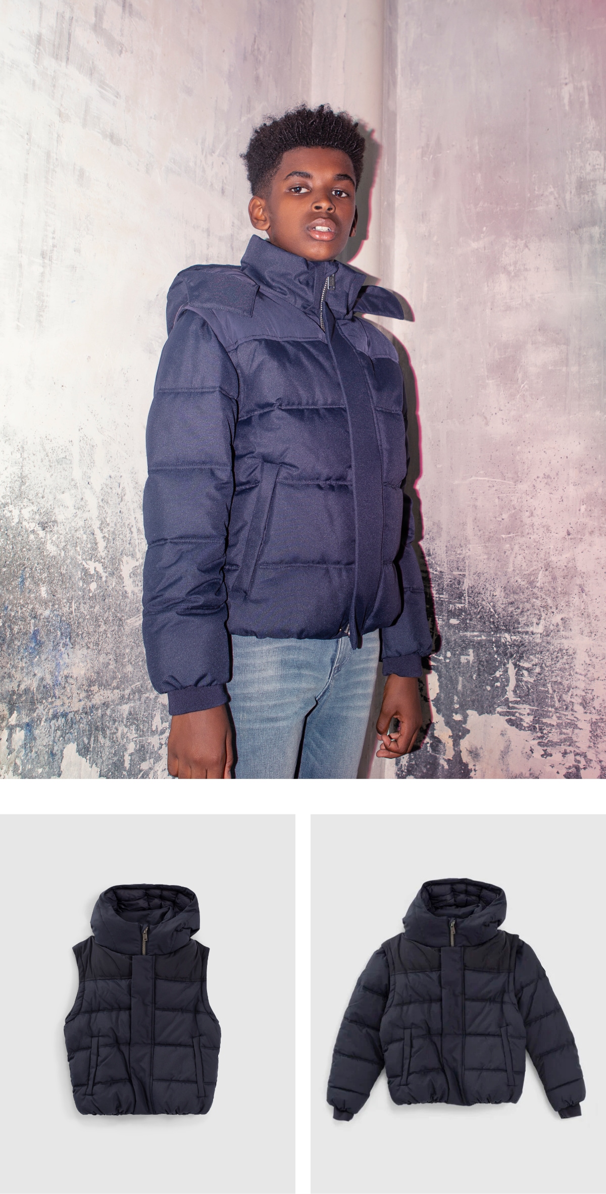 Boys' navy quilted mixed fabric padded jacket