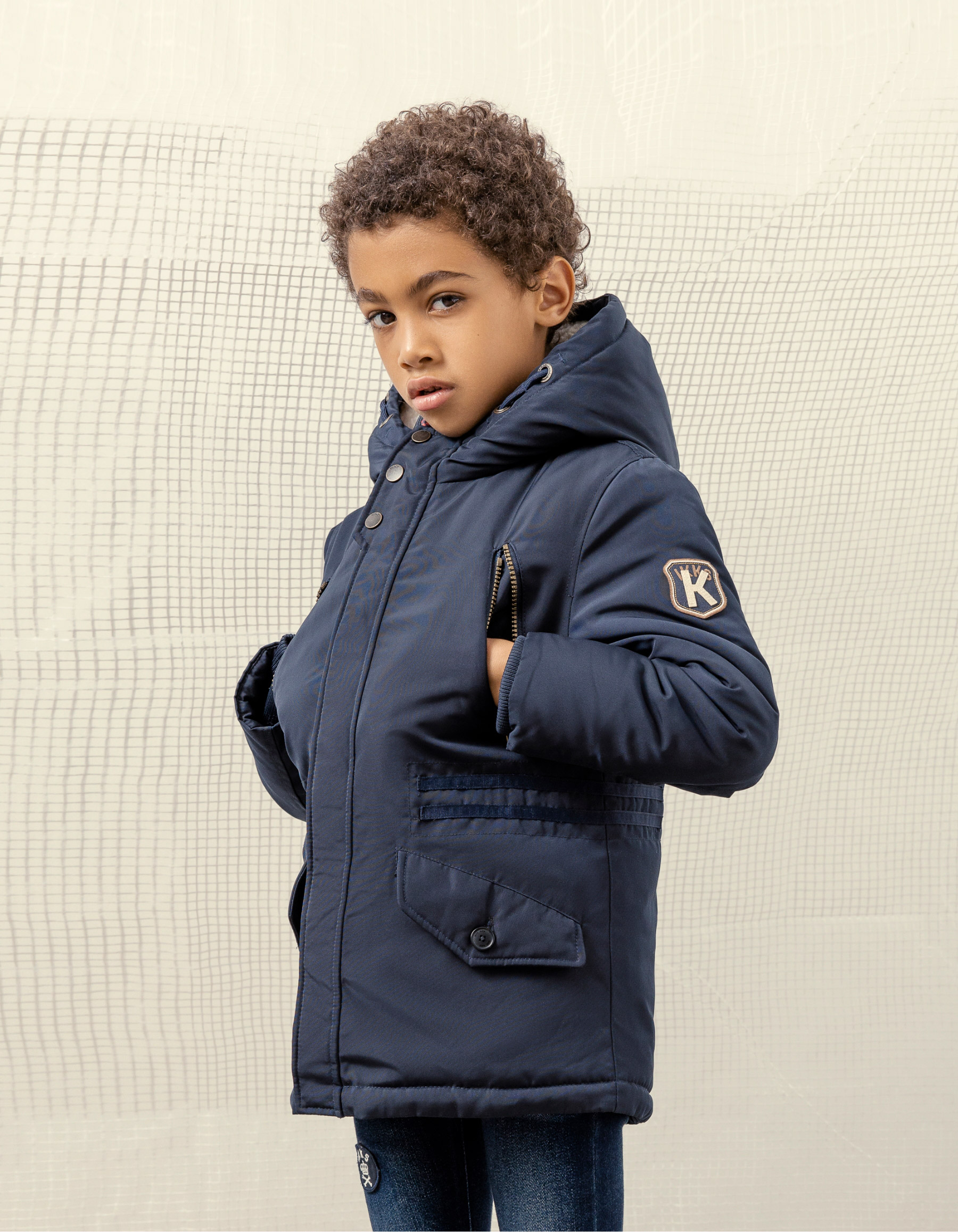 Boys’ 2-in-1 navy parka/red checkerboard padded jacket