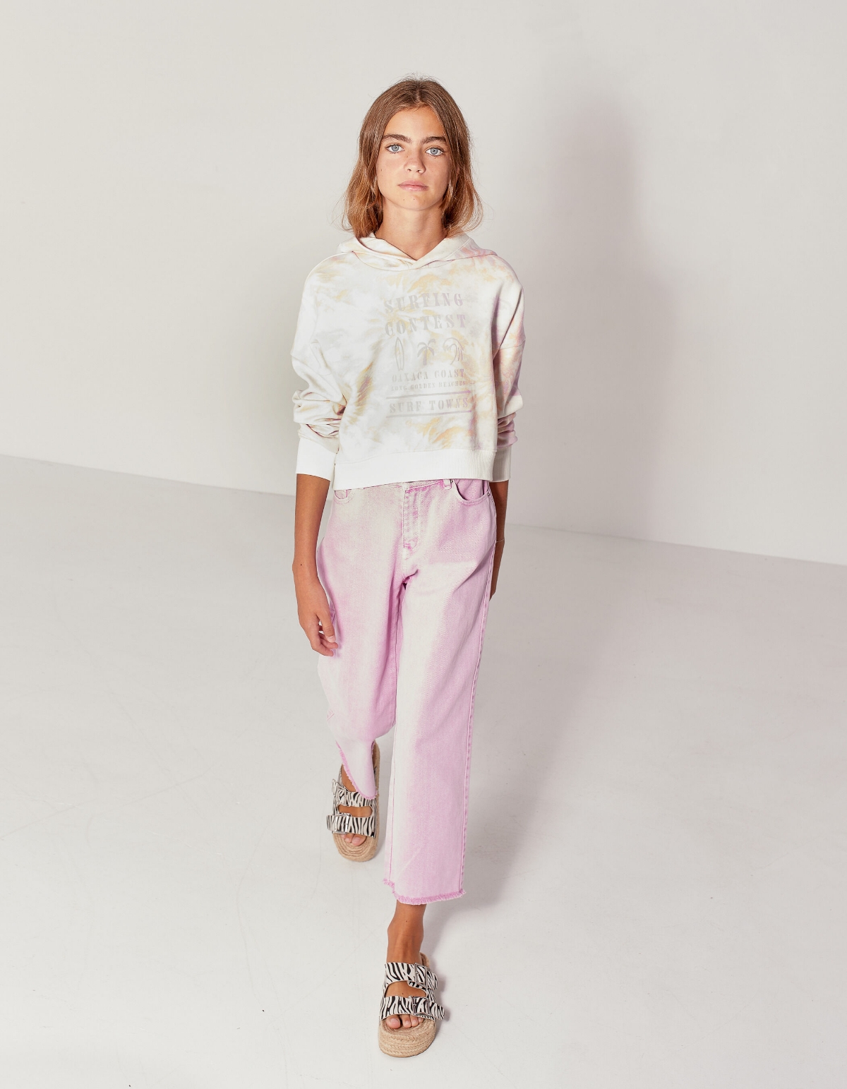 Girls’ violet wide jeans with fringed cuffs