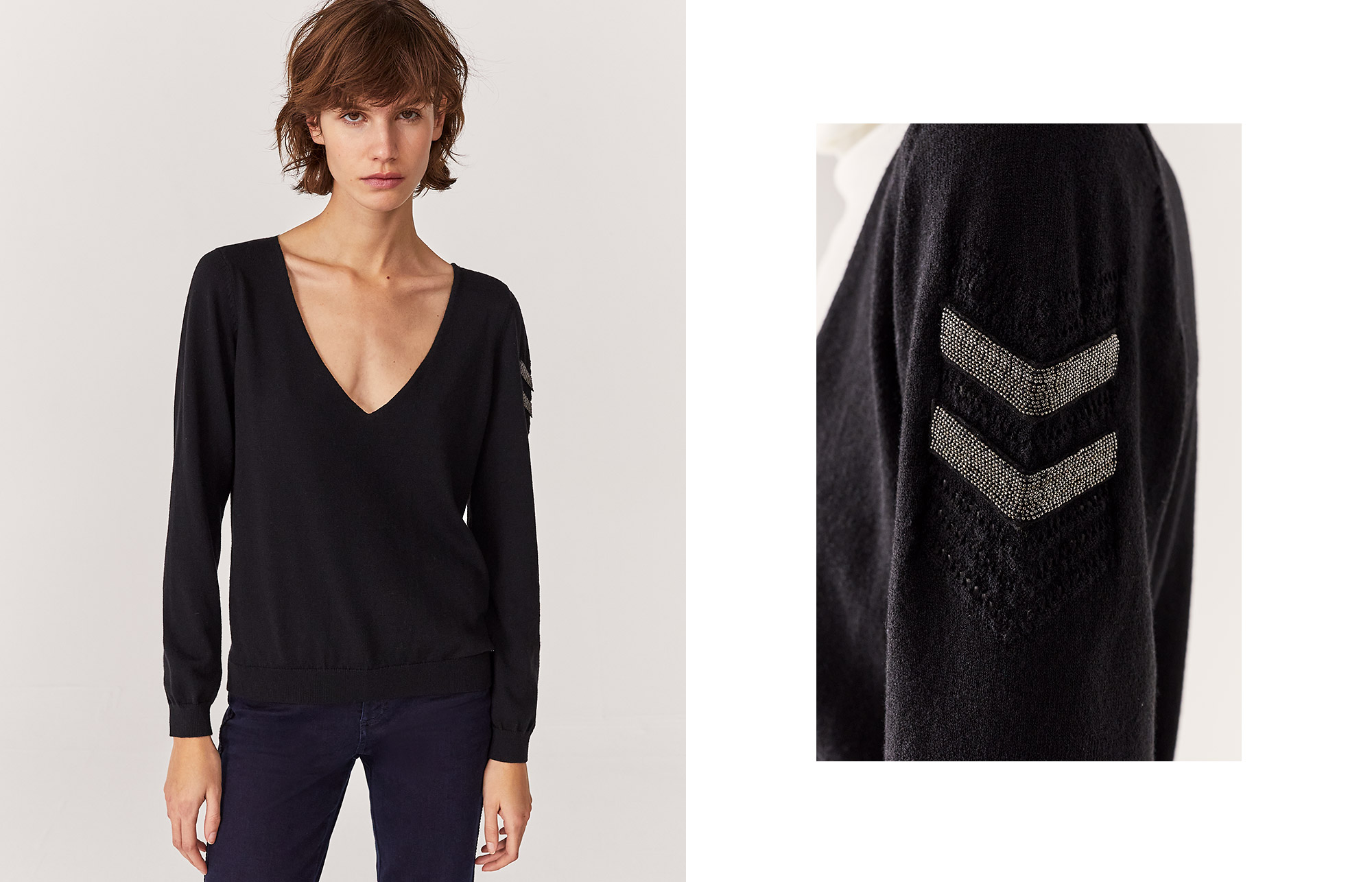 Women’s black military-style beaded knit sweater
