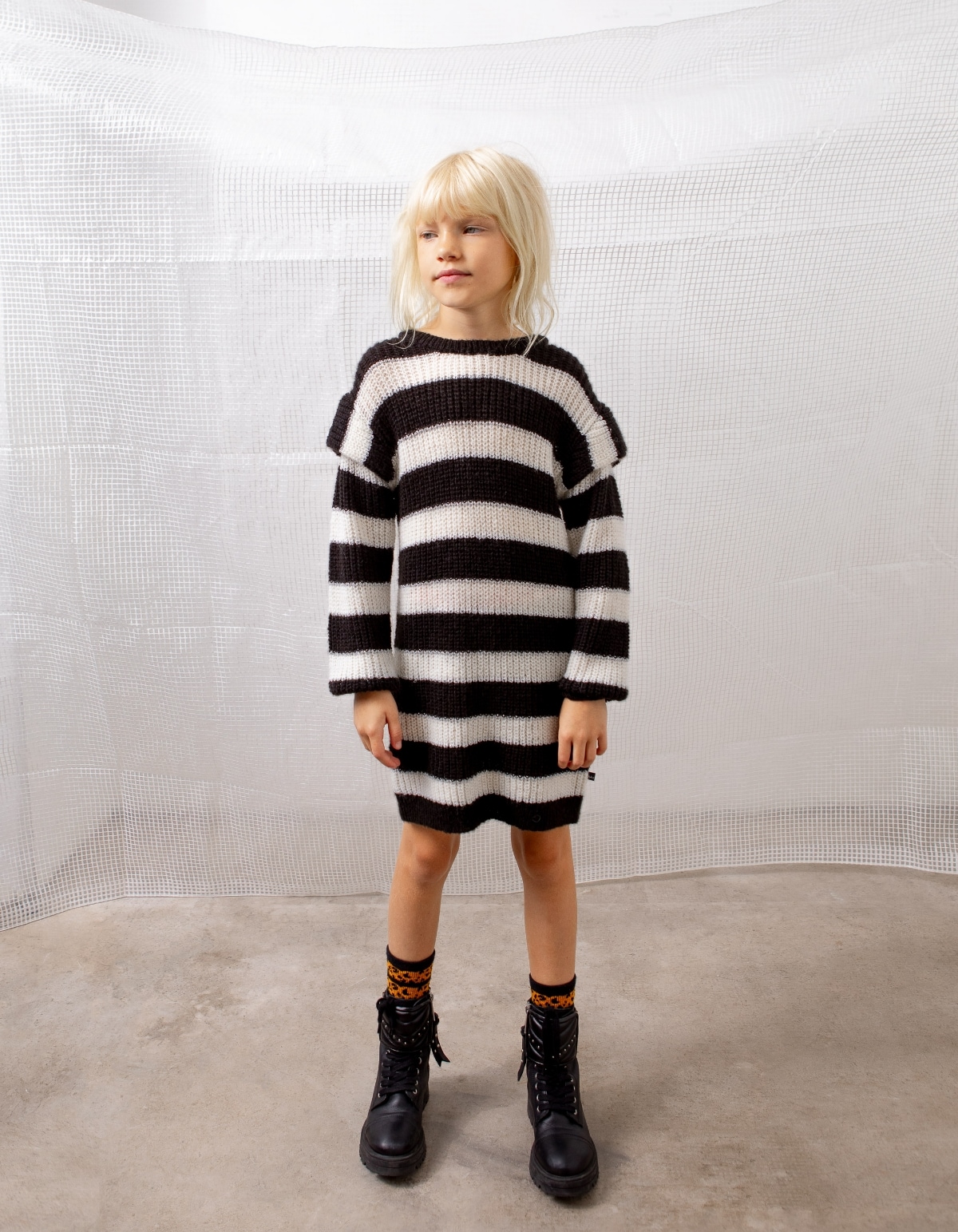 Girls’ black knit sweater dress with off-white stripes