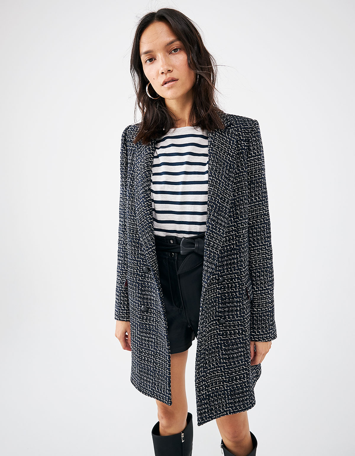 Women’s navy semi-plain cotton blend mid-length coat