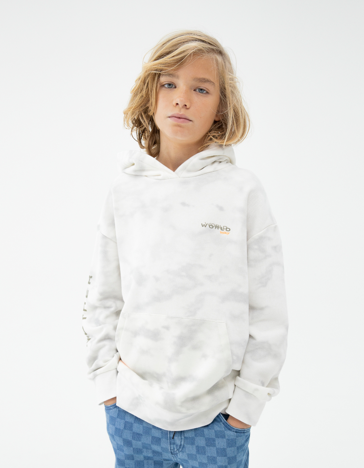 Light grey tie-dye hoodie with lettering on back