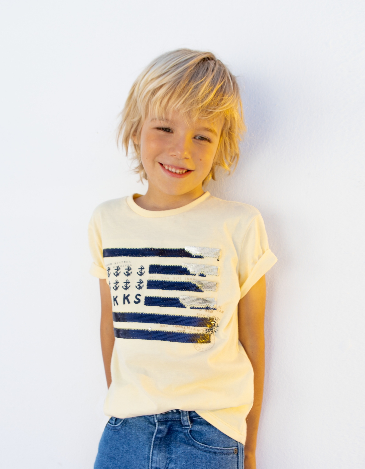 Geel T-shirt biokatoen omkeerbare lovertjes