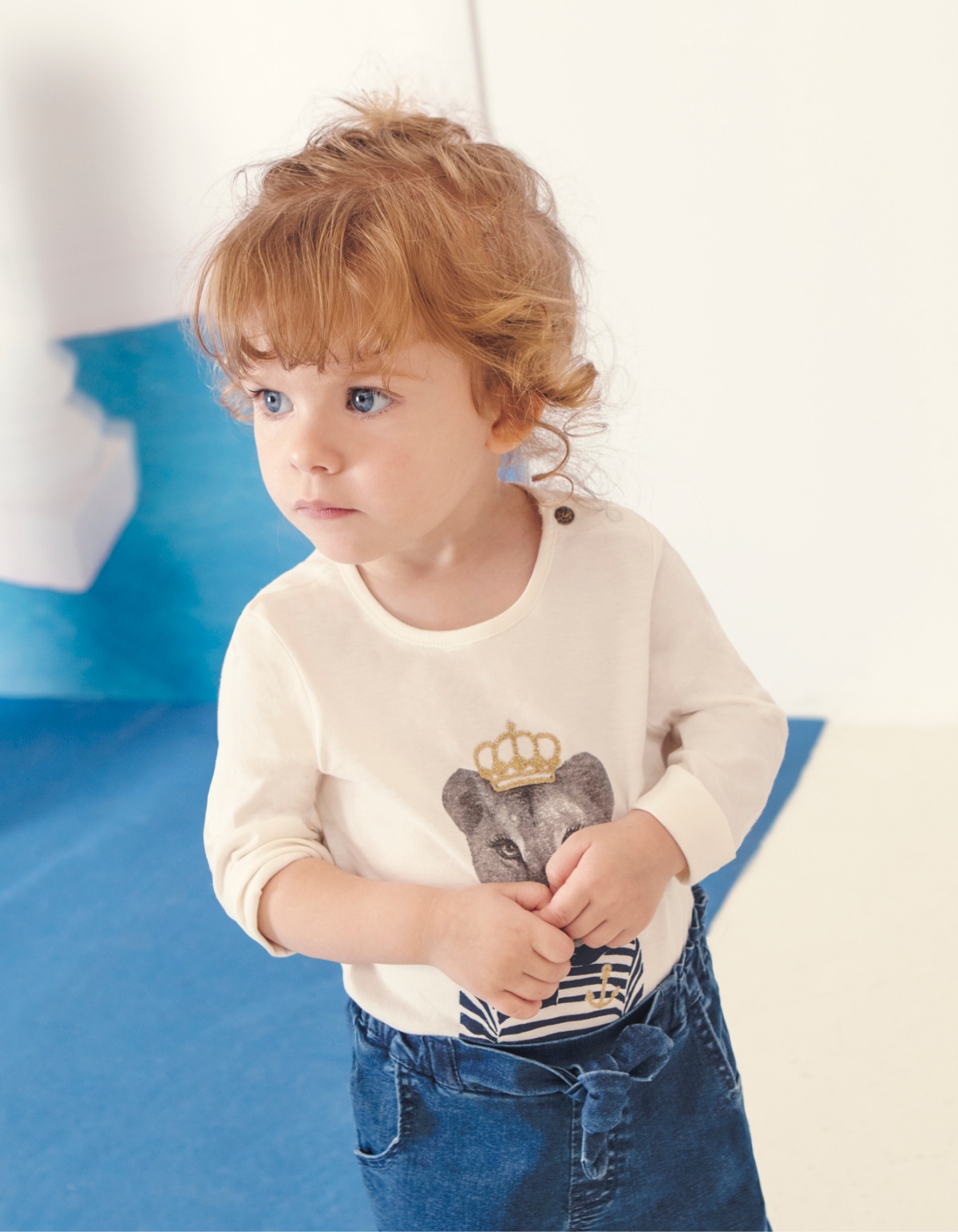 T-shirt écru bio visuel lionne-marinière bébé fille