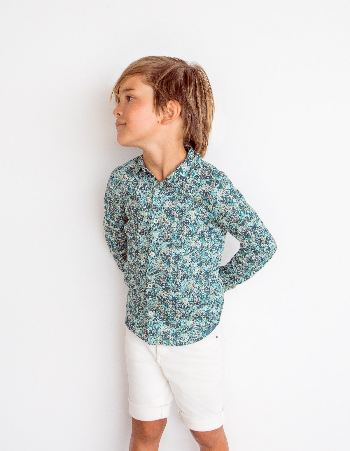 Boys’ turquoise flowery Liberty fabric shirt