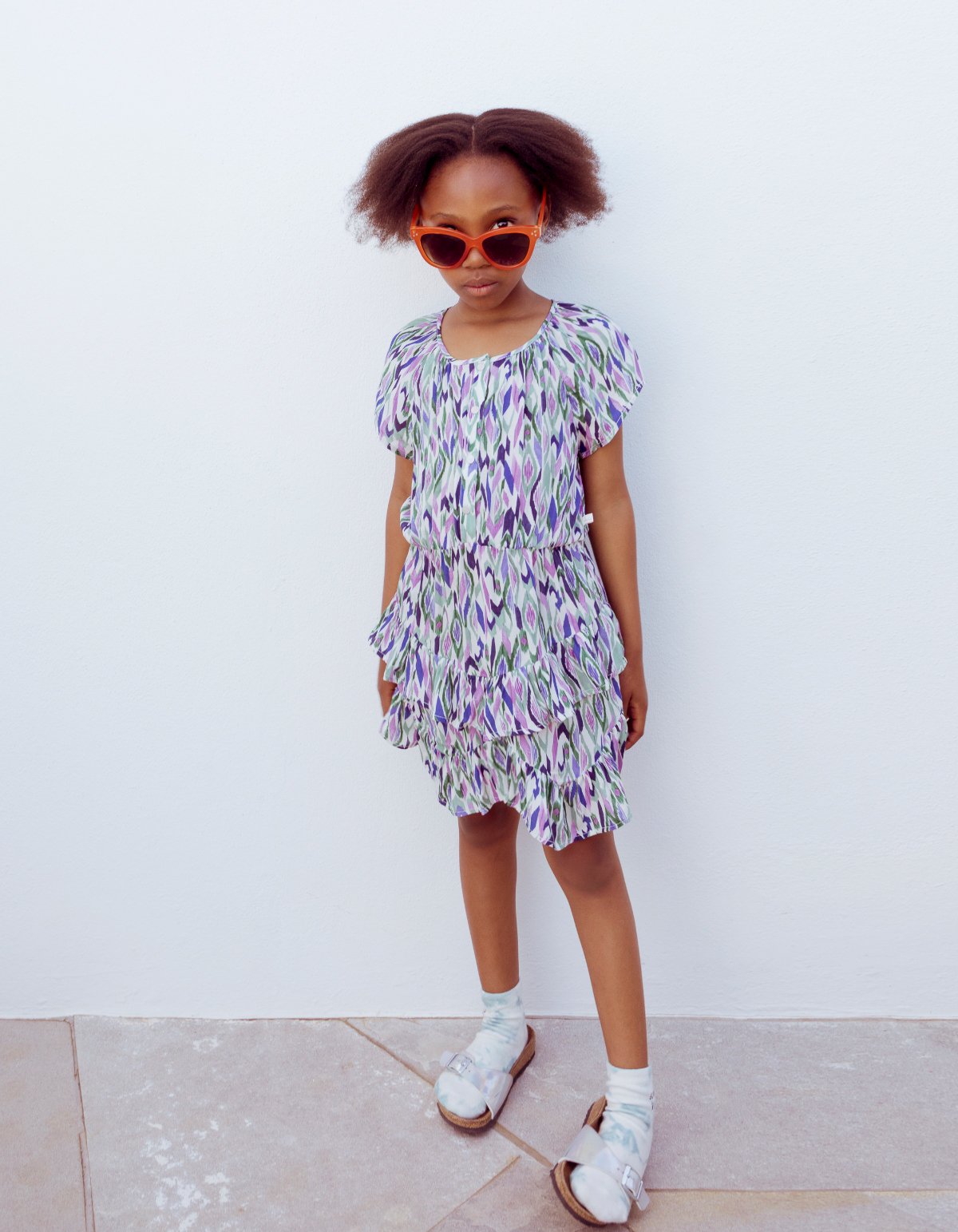 Robe asymétrique blanc cassé imprimé ikat losanges fille