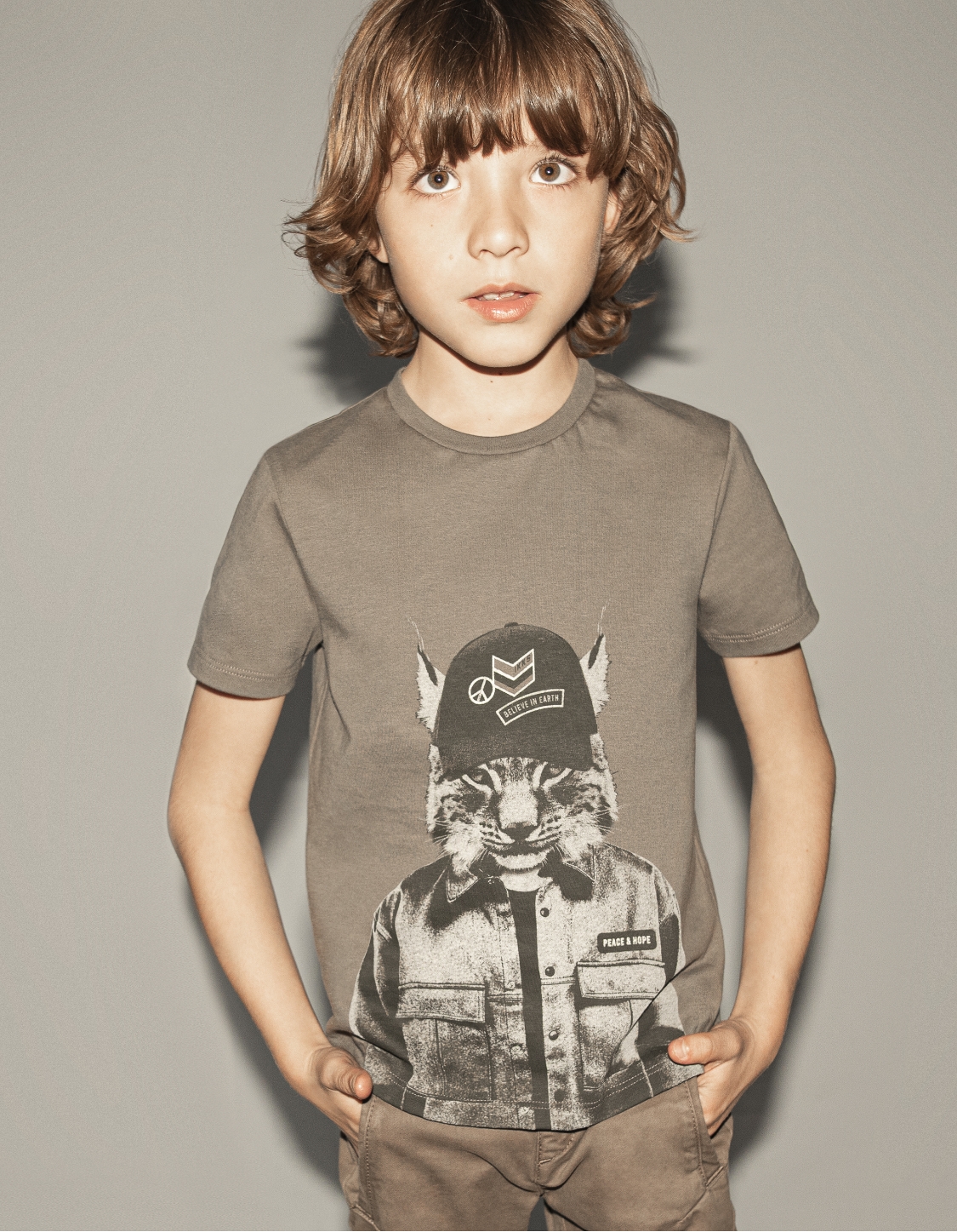 T-shirt kaki foncé à visuel lynx-casquette garçon 