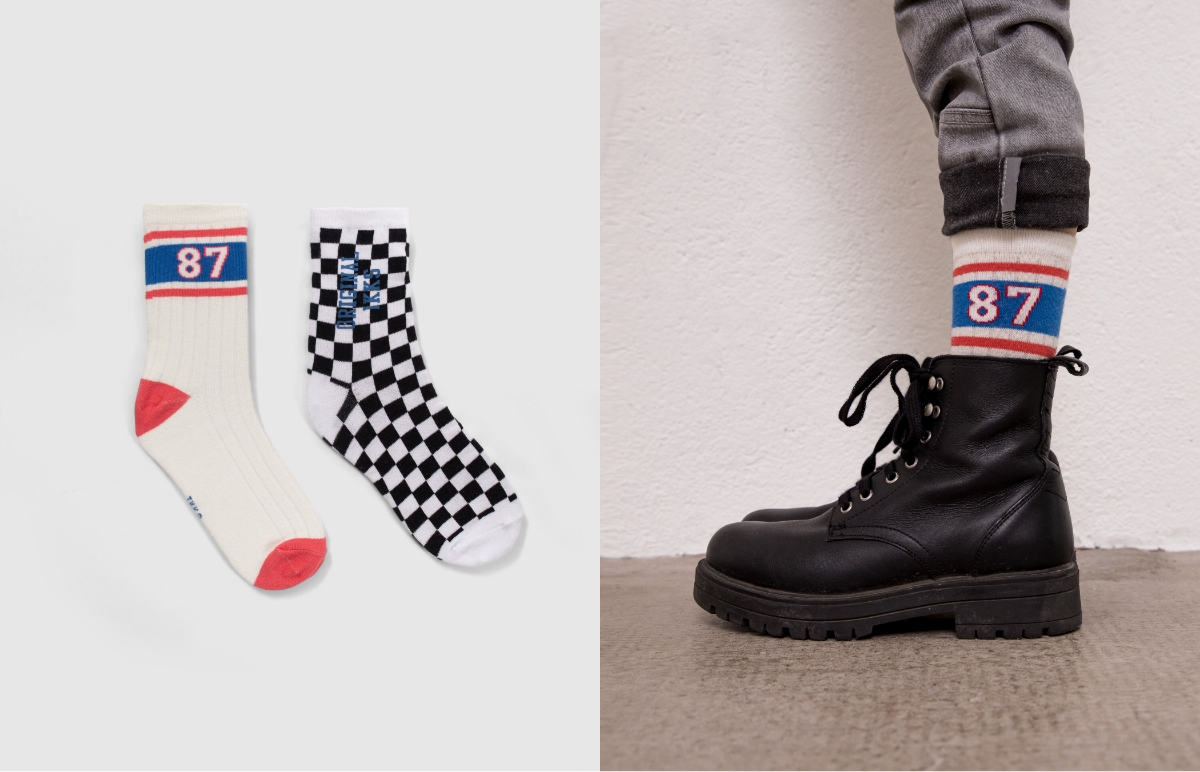 Chaussettes noires damier et blanches rayures