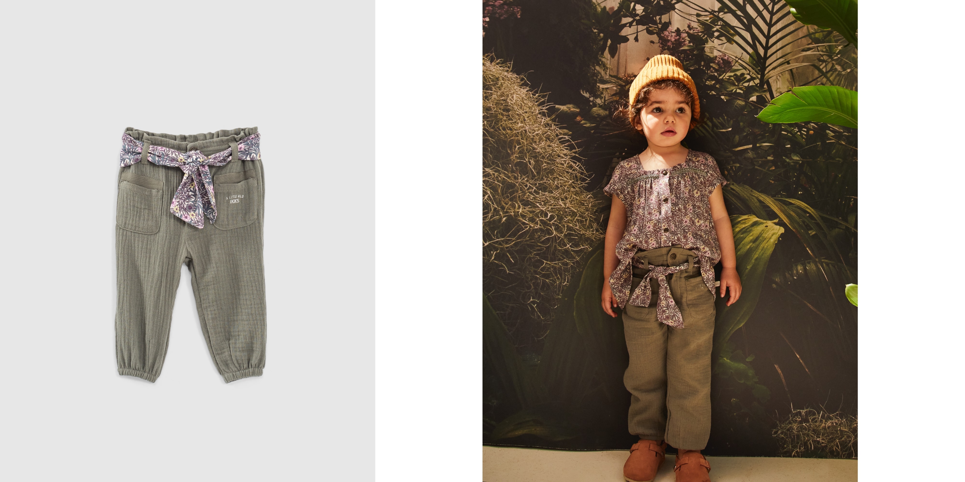 Khaki Babymädchen-Hose mit Schalgürtel im Pflanzen-Print