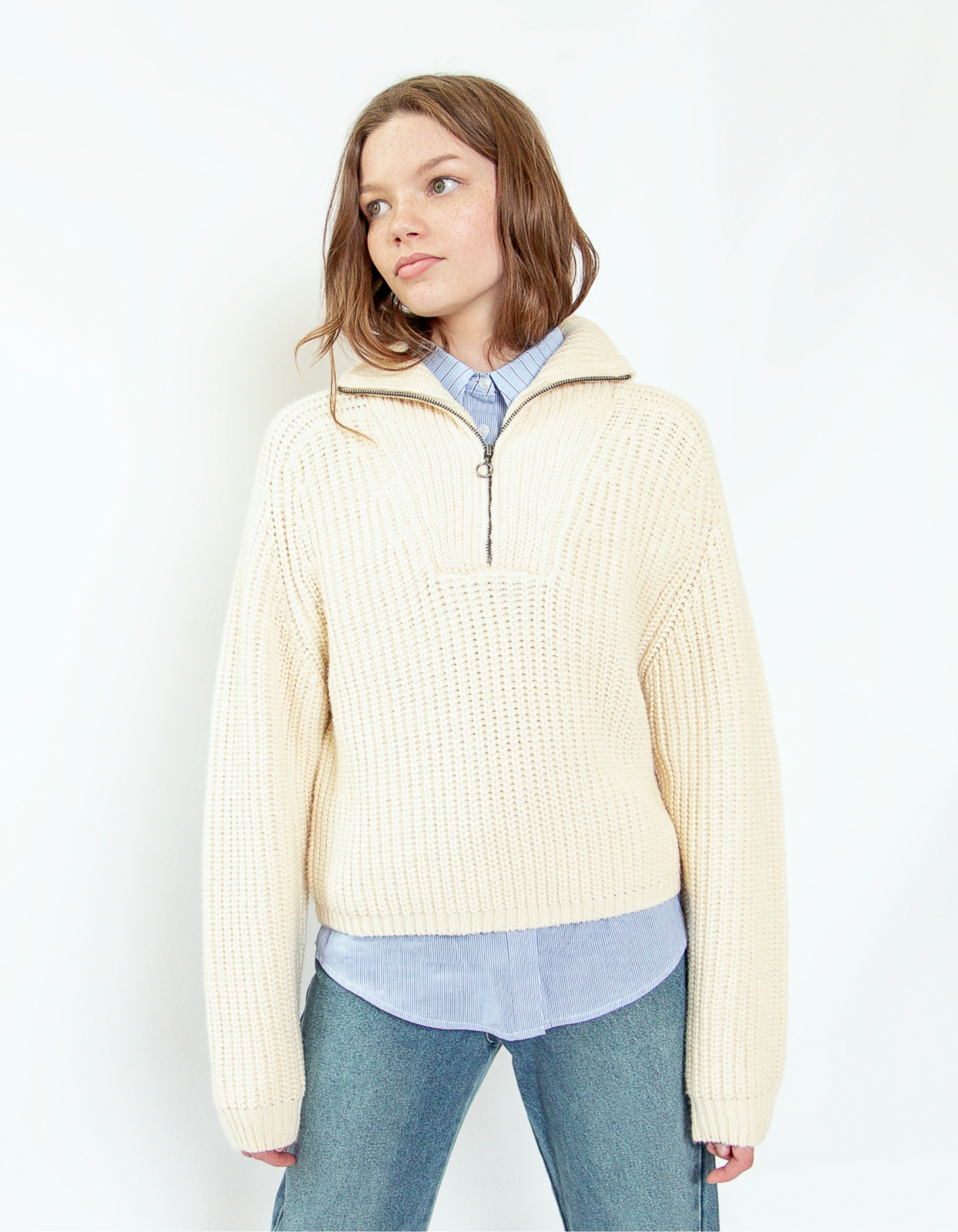 Girls’ vanilla rib knit zip-neck sweater