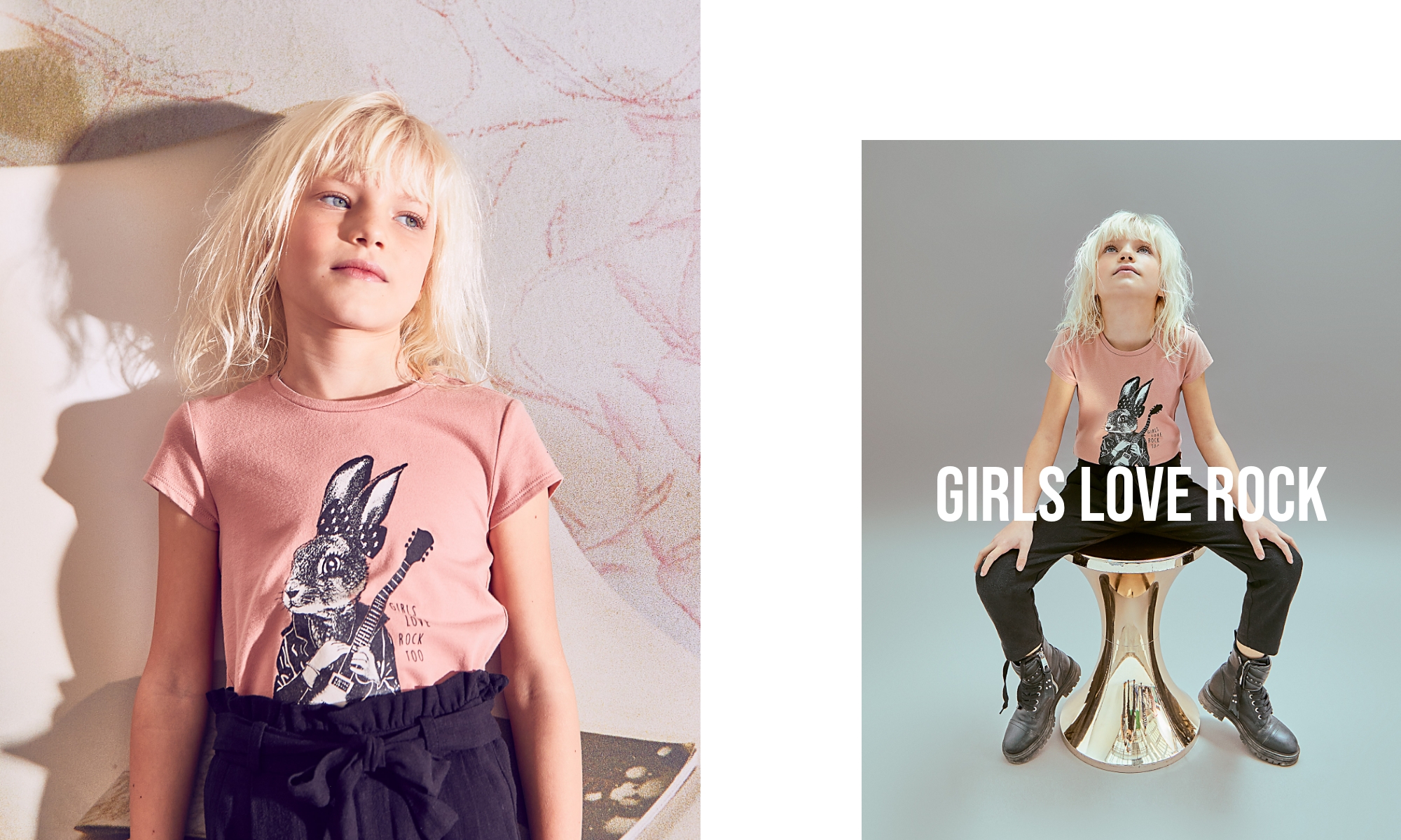 Girls’ dusty pink glitter bunny image organic T-shirt
