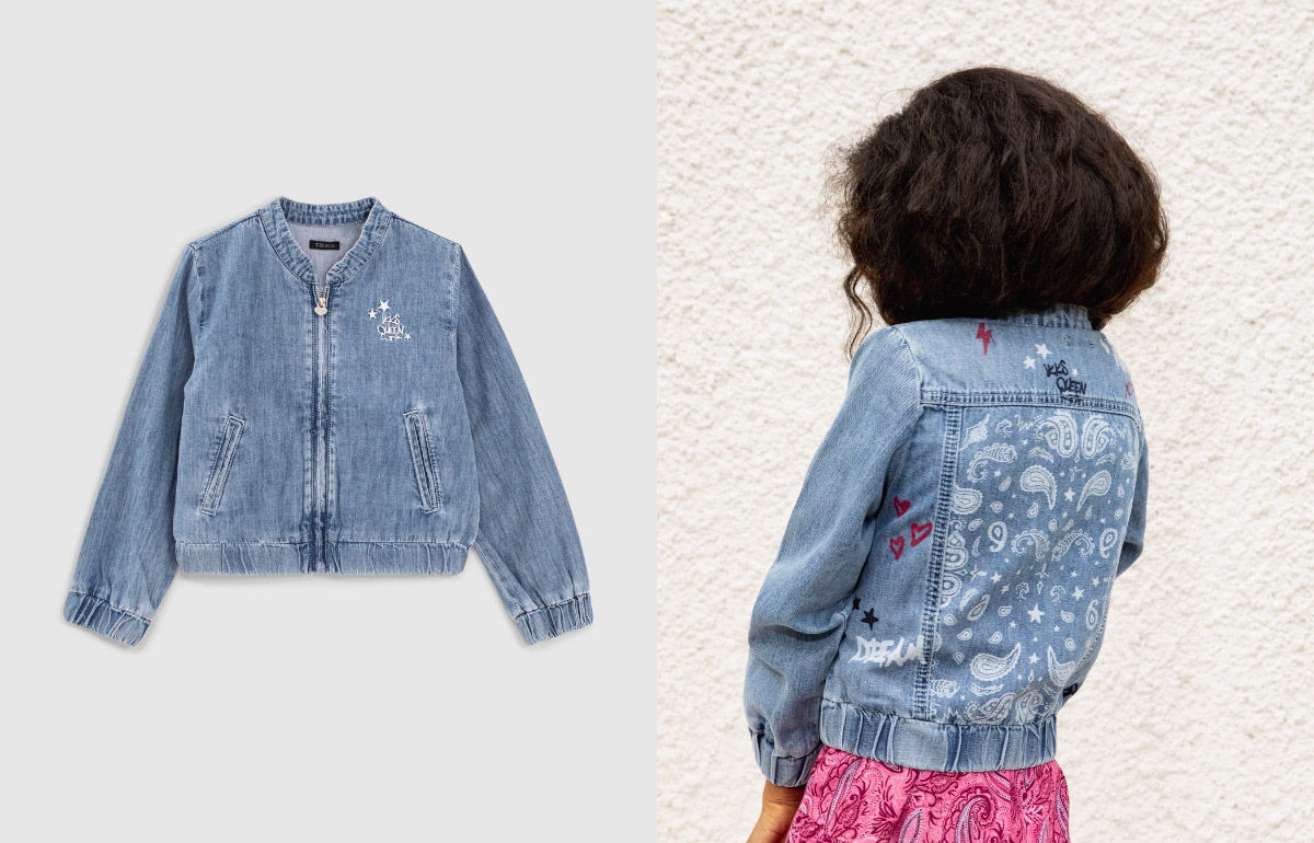 Girls’ light blue denim bomber jacket with print on back